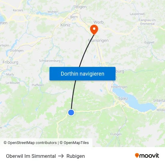 Oberwil Im Simmental to Rubigen map