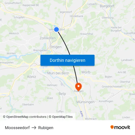 Moosseedorf to Rubigen map
