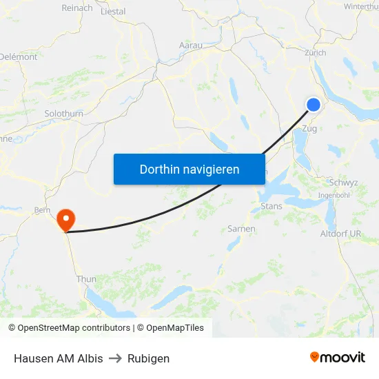 Hausen AM Albis to Rubigen map