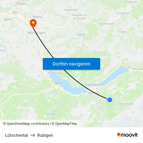Lütschental to Rubigen map