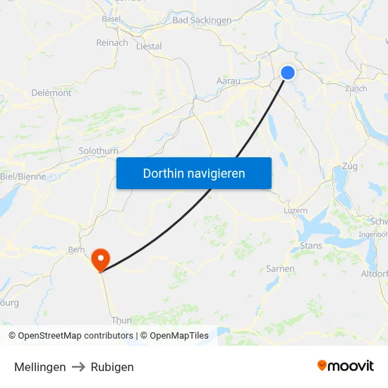 Mellingen to Rubigen map