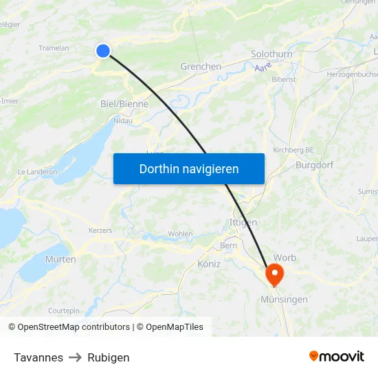 Tavannes to Rubigen map