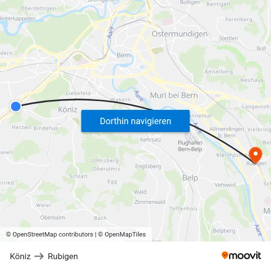 Köniz to Rubigen map