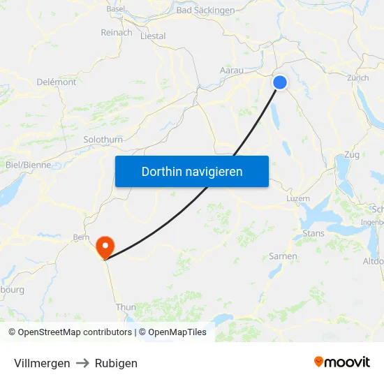 Villmergen to Rubigen map