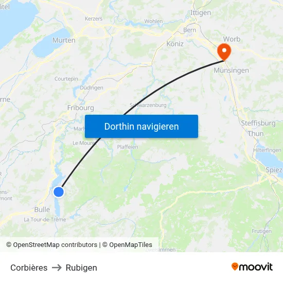 Corbières to Rubigen map