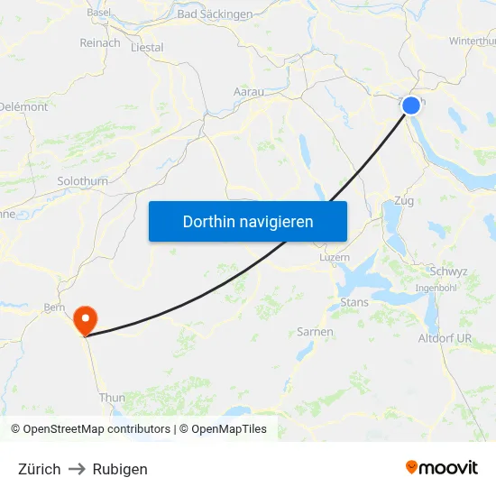 Zürich to Rubigen map