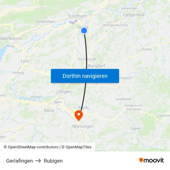 Gerlafingen to Rubigen map