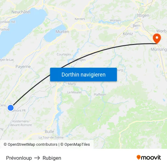 Prévonloup to Rubigen map
