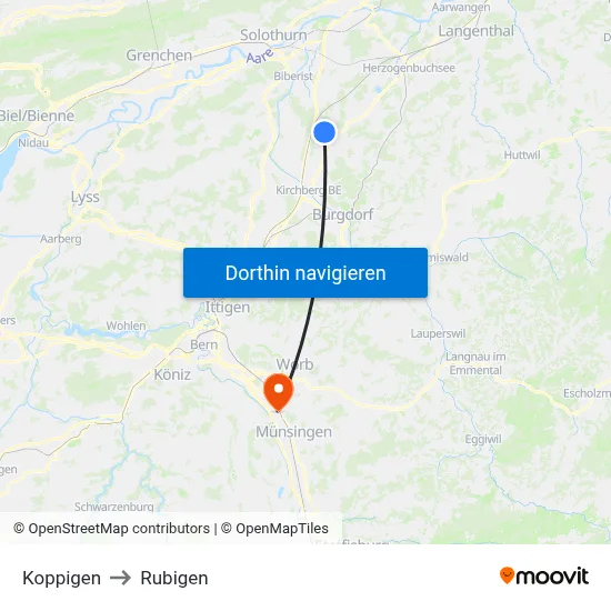 Koppigen to Rubigen map