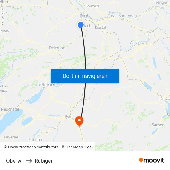 Oberwil to Rubigen map