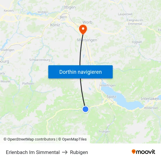 Erlenbach Im Simmental to Rubigen map