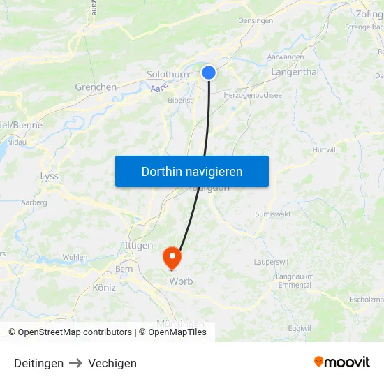 Deitingen to Vechigen map