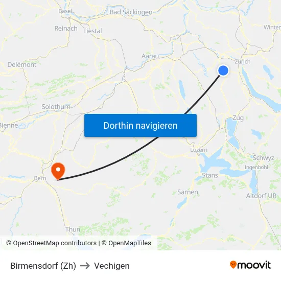 Birmensdorf (Zh) to Vechigen map