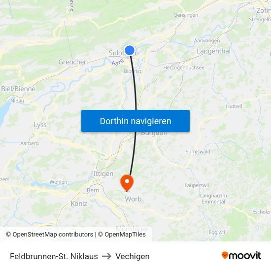 Feldbrunnen-St. Niklaus to Vechigen map