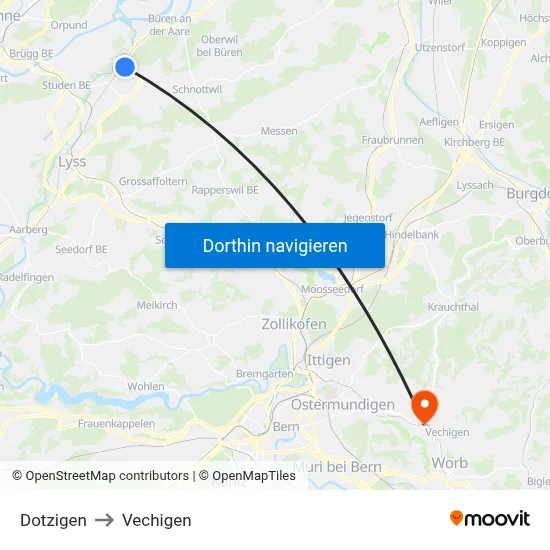 Dotzigen to Vechigen map