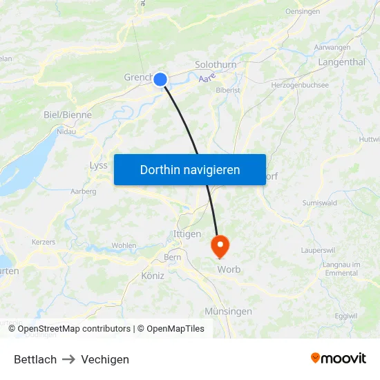 Bettlach to Vechigen map