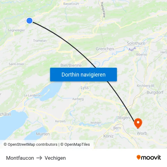Montfaucon to Vechigen map
