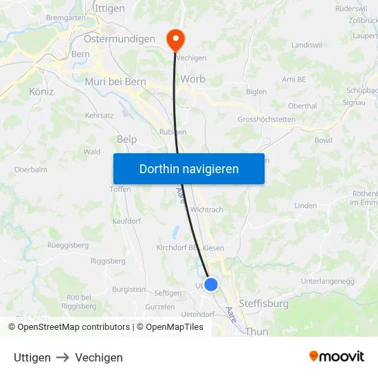 Uttigen to Vechigen map
