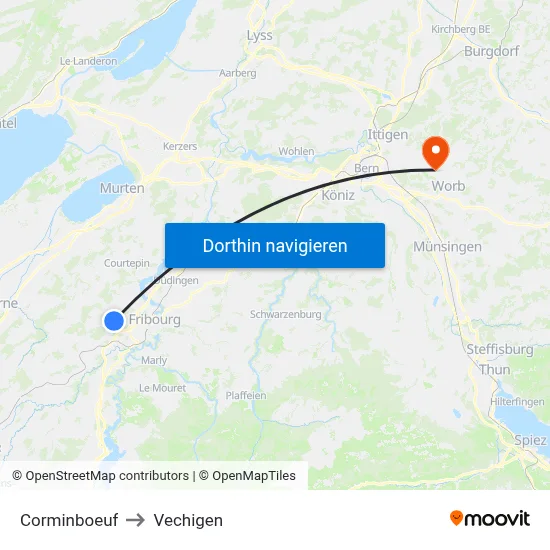 Corminboeuf to Vechigen map