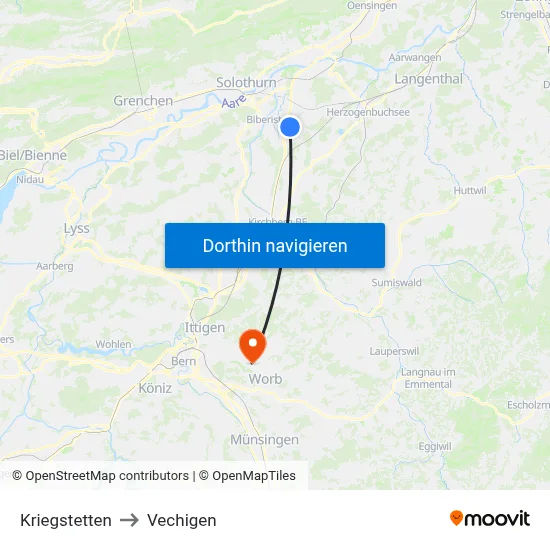 Kriegstetten to Vechigen map