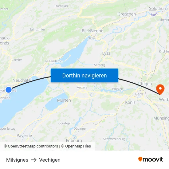 Milvignes to Vechigen map