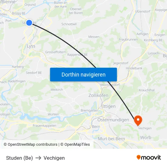 Studen (Be) to Vechigen map