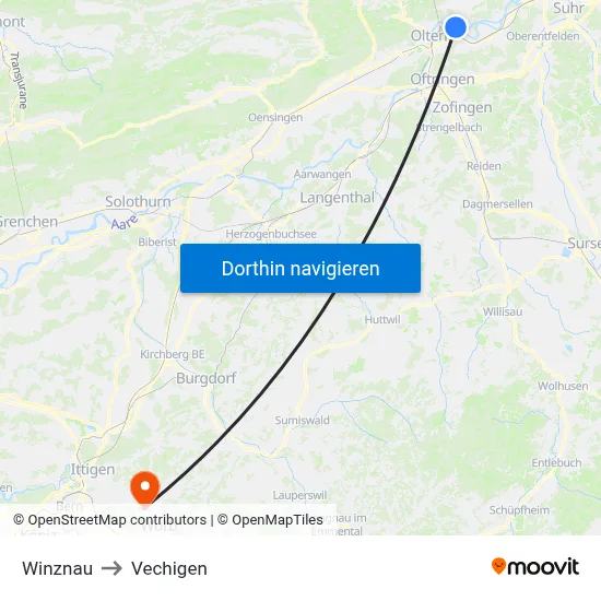 Winznau to Vechigen map