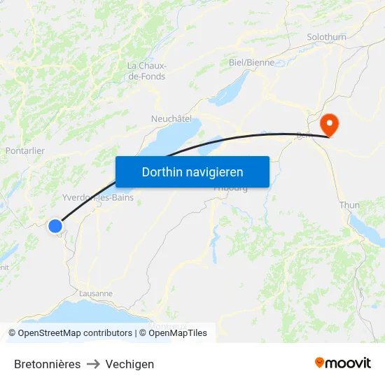 Bretonnières to Vechigen map