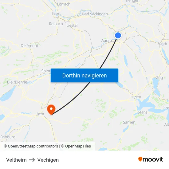 Veltheim to Vechigen map