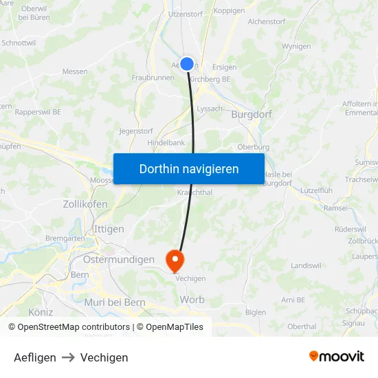 Aefligen to Vechigen map