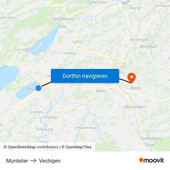 Muntelier to Vechigen map