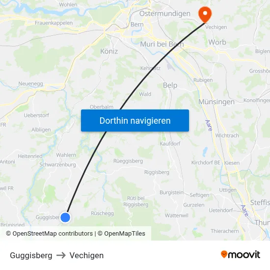 Guggisberg to Vechigen map