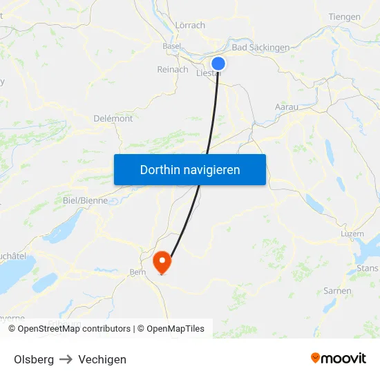 Olsberg to Vechigen map