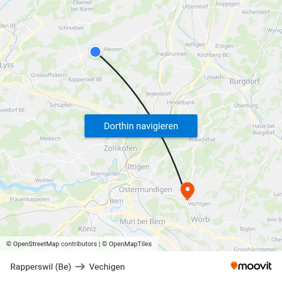 Rapperswil (Be) to Vechigen map