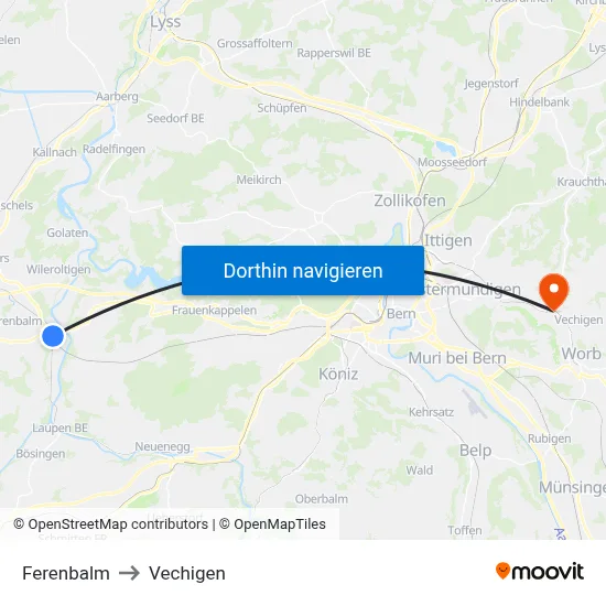 Ferenbalm to Vechigen map