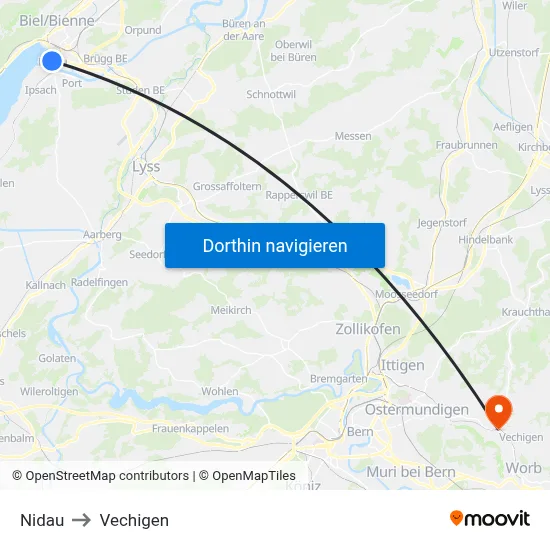 Nidau to Vechigen map