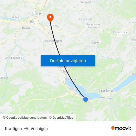Krattigen to Vechigen map
