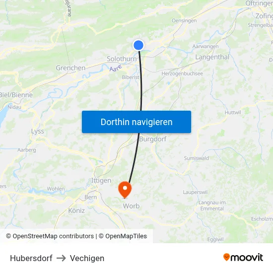 Hubersdorf to Vechigen map