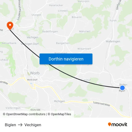 Biglen to Vechigen map