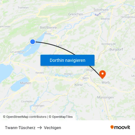 Twann-Tüscherz to Vechigen map