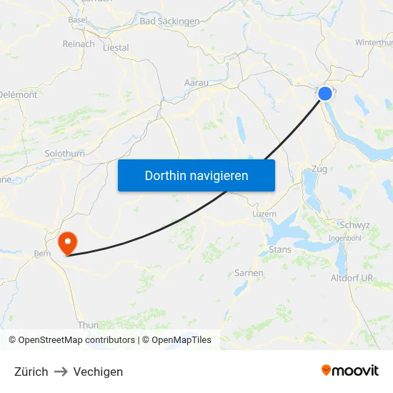 Zürich to Vechigen map