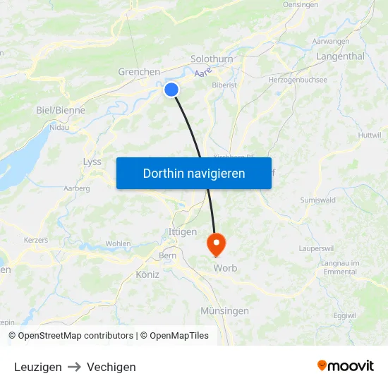 Leuzigen to Vechigen map