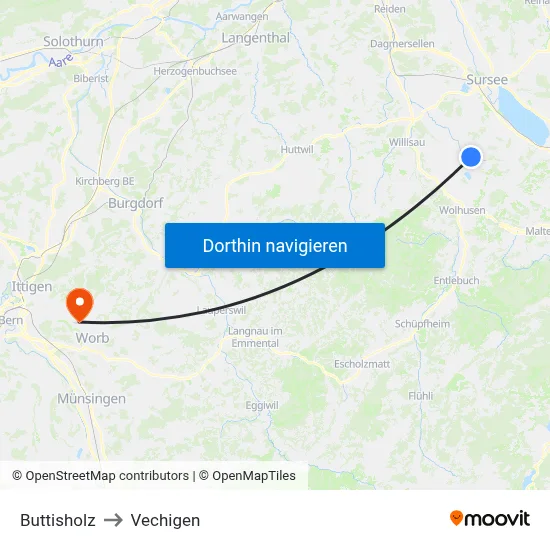 Buttisholz to Vechigen map