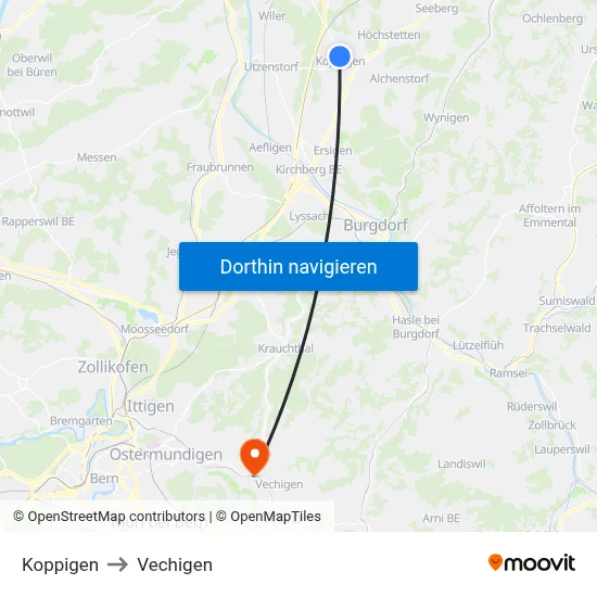 Koppigen to Vechigen map
