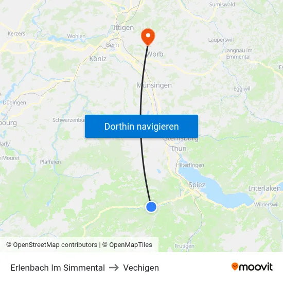 Erlenbach Im Simmental to Vechigen map