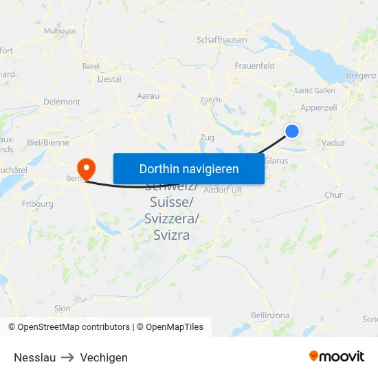 Nesslau to Vechigen map