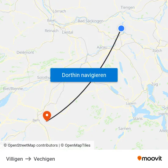 Villigen to Vechigen map