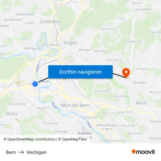Bern to Vechigen map