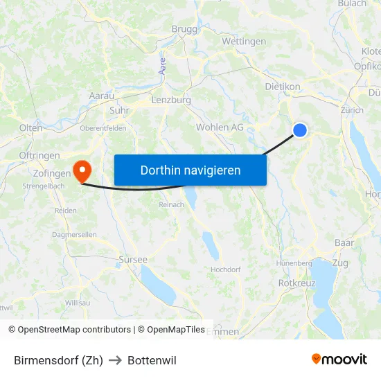 Birmensdorf (Zh) to Bottenwil map