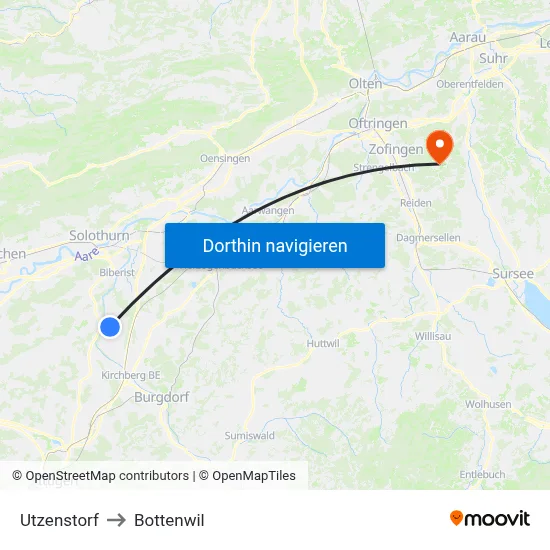 Utzenstorf to Bottenwil map